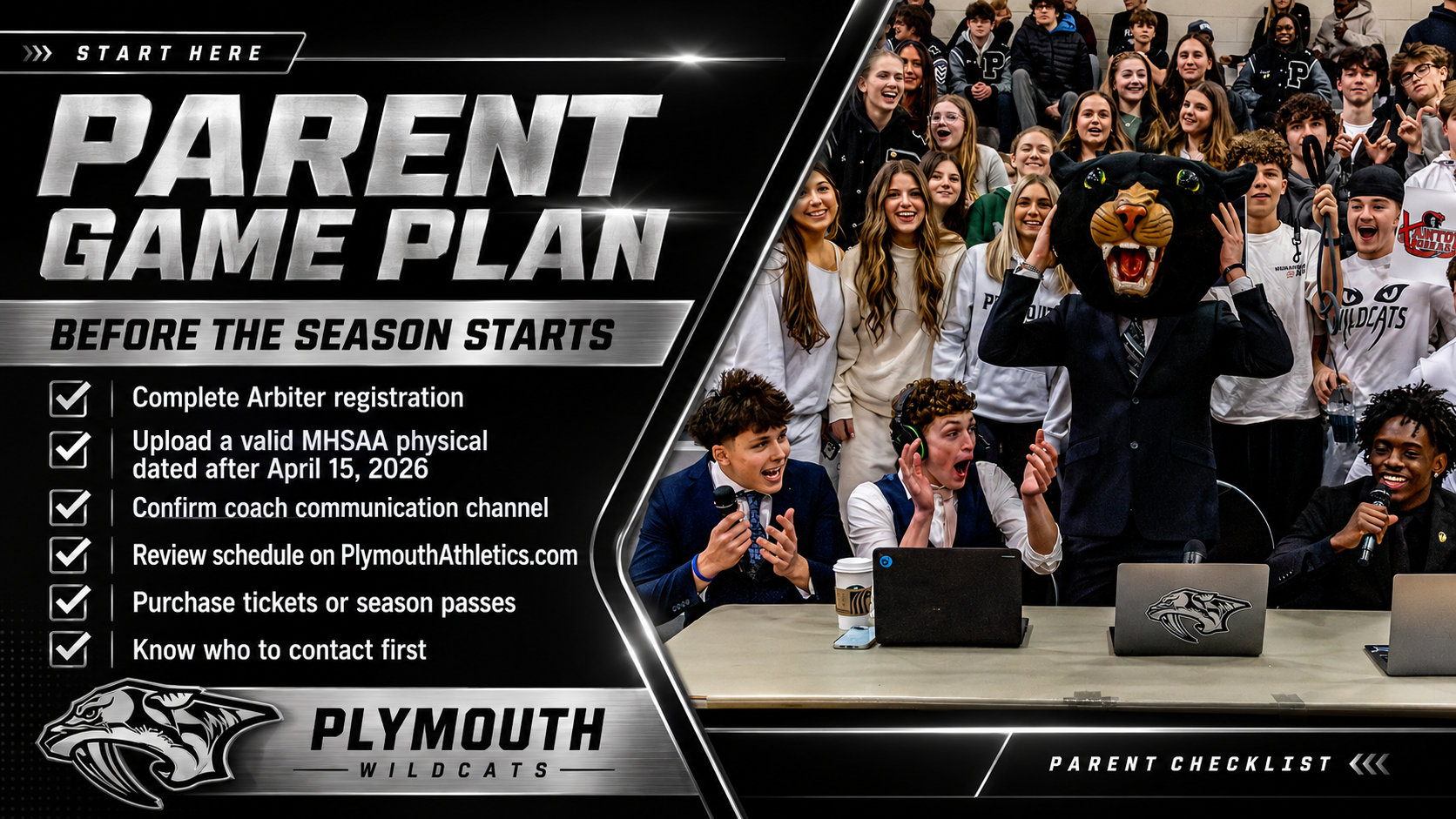 Parent Game Plan slide from the Plymouth Fall Sports Parent Meeting